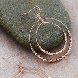 Rose Gold Hoop Dangle Earrings – Double Circle Beaded Drops – Lightweight NWT